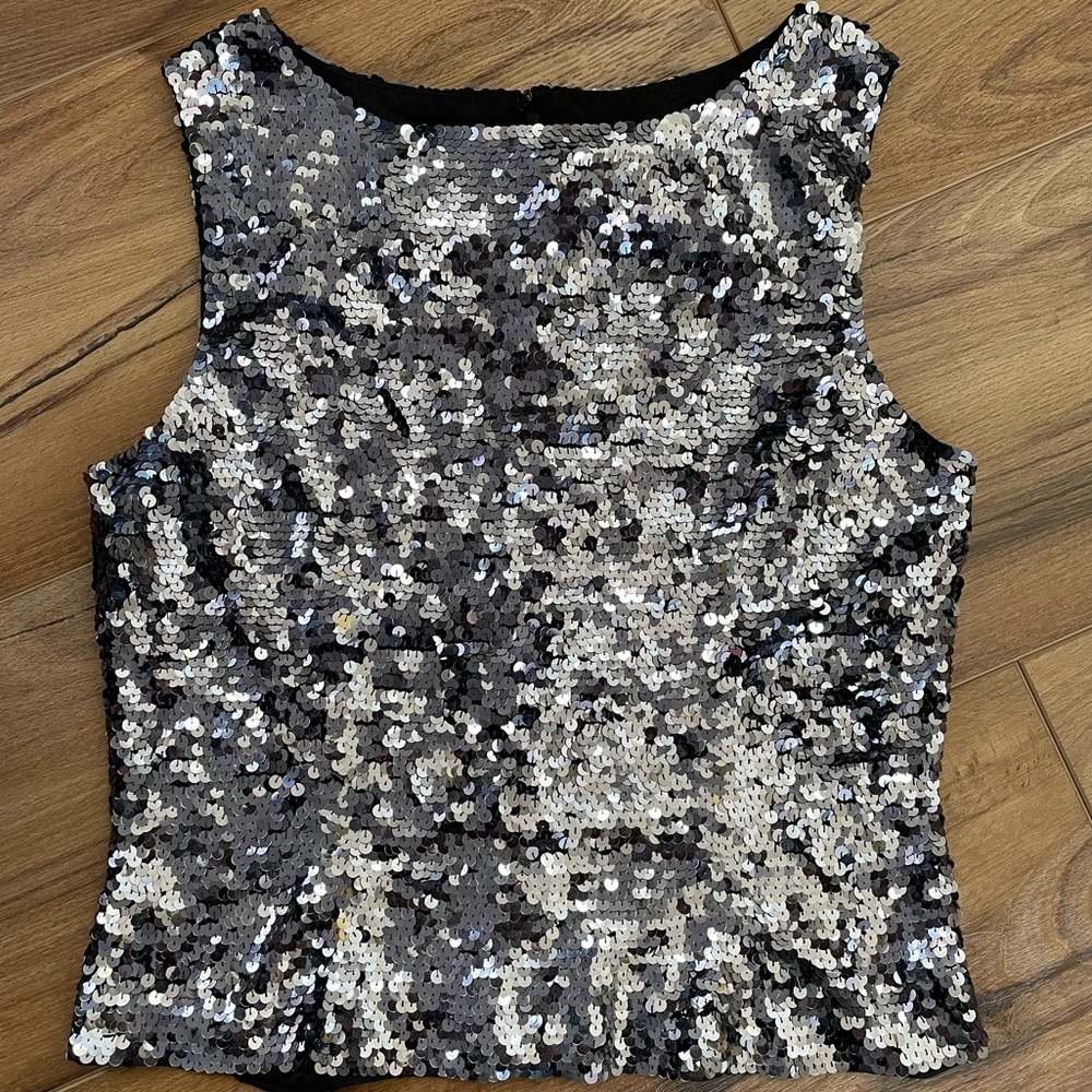 Alyce Designs silver black sequins on black sleeveless party Top size Medium
